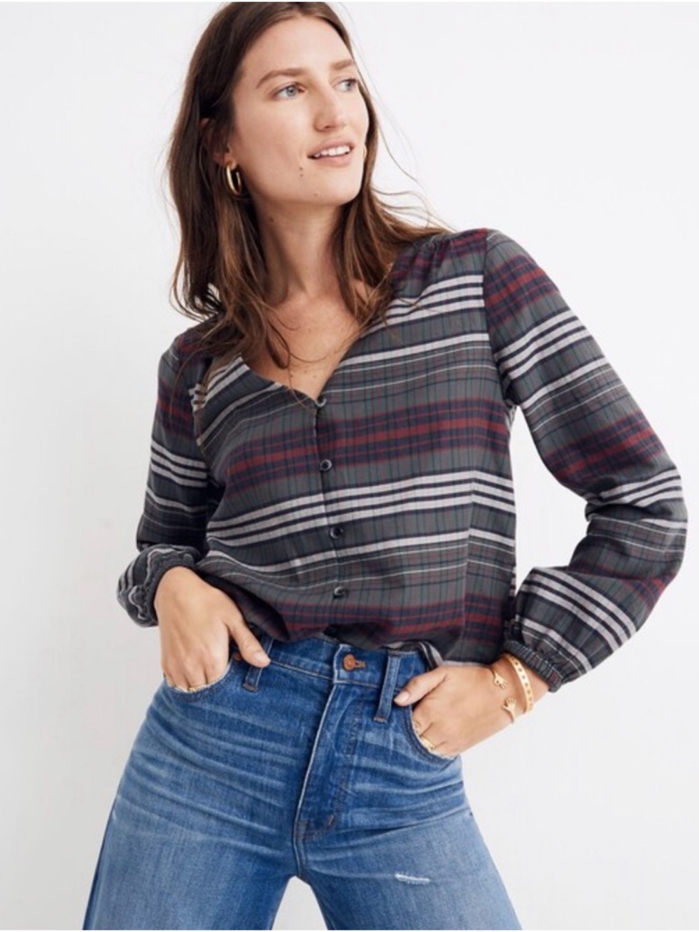 Madewell V-Neck Button-Down Shirt in Pineview Plaid Small